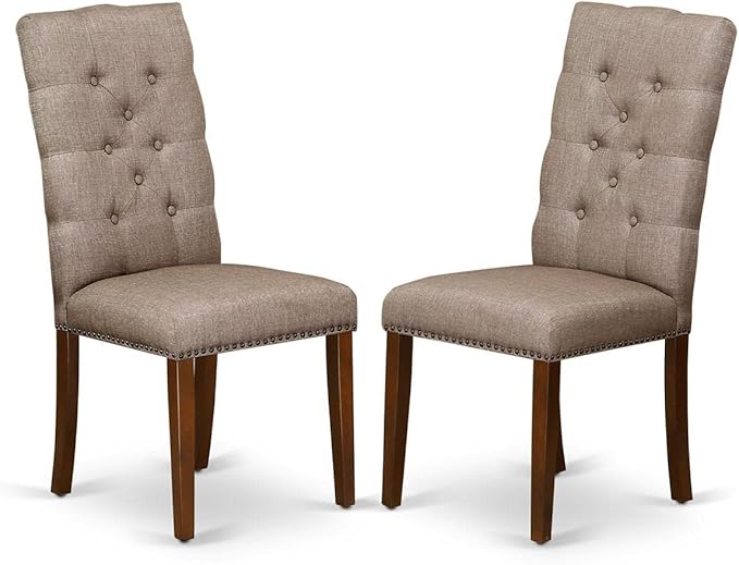 East West Furniture DLEL5-MAH-16 5 Piece Dining Room Furniture Set Includes a Round Dining Table with Dropleaf and 4 Dark Khaki Linen Fabric Parsons Chairs, 42x42 Inch, Mahogany