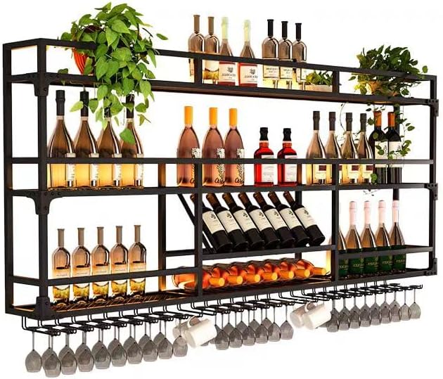 Metal Wall-Mounted Wine Rack with LED Light - 3 Tier Wine Storage Display Rack with Glass Holder - Space-Saving Bottle Display Shelf for Home Bars, Dining Rooms(Black, 47in/120cm)