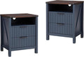 Navy Blue Nightstand with Charging Station Set of 2-20 Inch Wide Farmhouse Fluted Bedside Table with 2 Drawers, Modern Wood End Side Table for Bedroom Study Storage Home