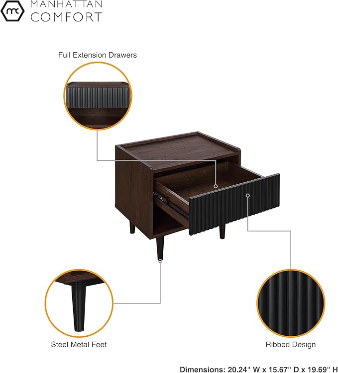 Manhattan Comfort Duane Mid Century Modern Ribbed Nightstand and Coffee Table with Storage, Living Room Furniture with Cabinet, Shelves and Iron Metal Feet, Set of 2, Navy Blue