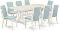 East West Furniture X027LA015-9 9 Piece Dining Set Includes a Rectangle Dining Room Table with X-Legs and 8 Baby Blue Linen Fabric Upholstered Parson Chairs, 40x72 Inch, Multi-Color