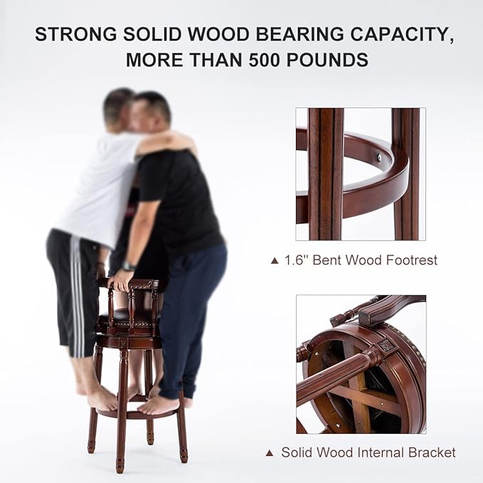 Cow top Leather Wooden Bar Stools, 360 Degree Swivel Bar Height Chair with Backs for Home Kitchen Counter, Morden Chair Barstools (Brown 2pcs, Bar Height-Seat Height 29.5”)