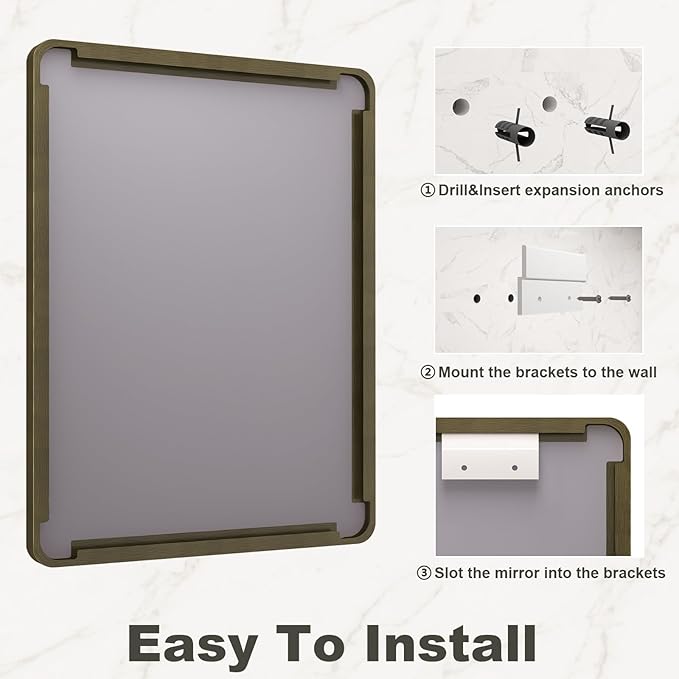28x36 Inch Bronze Framed Bathroom Mirror, Brushed Bronze Metal Vanity Mirror, Rounded Bronze Rectangle Mirror, Tempered Glass, Anti-Rust, Shatterproof (Horizontal/Vertical)