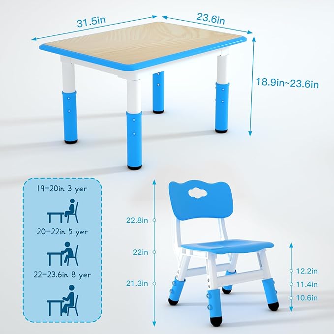 Kids Table and 2 Chairs Set，Height Adjustable Children Table & Chair，Toddlers Study Multi-Activity Table with 31.5"x23.6" Wipe-Clean Desktop，for Classrooms, Homes & Daycares