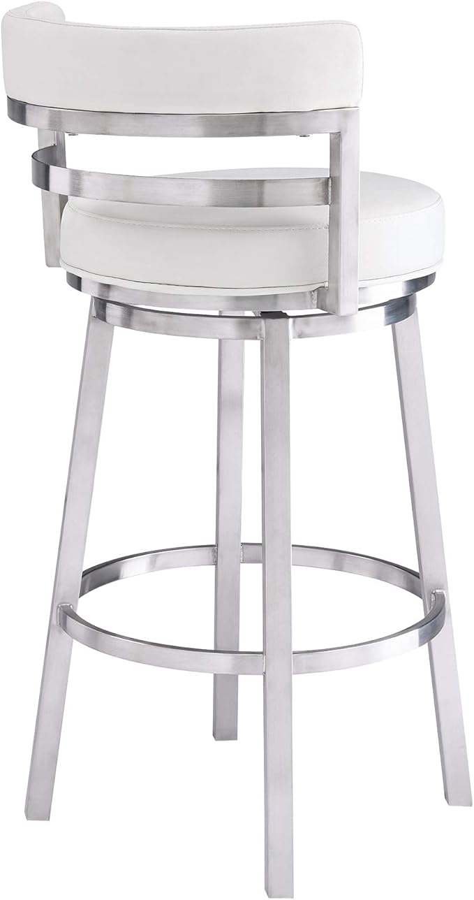 Armen Living Titana 26" Counter Height Swivel White Faux Leather and Brushed Stainless Steel Bar Stool