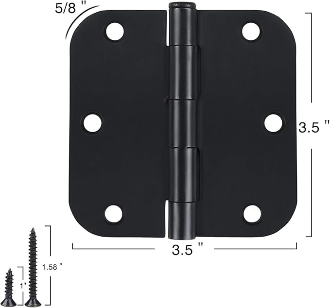 1 Pack Rounded Matte Black Door Hinges 3.5 Inch 5/8" Radius for Interior 3 1/2" Flat Iron Bifold Residential Standard Bedroom Indoor for Doors 3 ½"Hardware Control House Decor Essentials Accessories