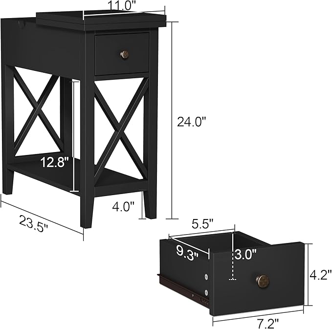 ChooChoo End Table, MDF Material Flip Top Narrow End Table with Drawer, Accent Small Side Table Nightstand for Living Room, Bedroom, and Small Spaces - Black
