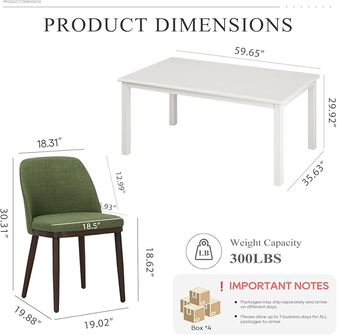 COLAMY 60 Inch Rectangular Kitchen Dining Table for 6, Modern Farmhouse Dining Table Set for 6, Wood Dining Table and Upholstered Dining Chairs for Kitchen, Dining Room, Restaurant, White/Green