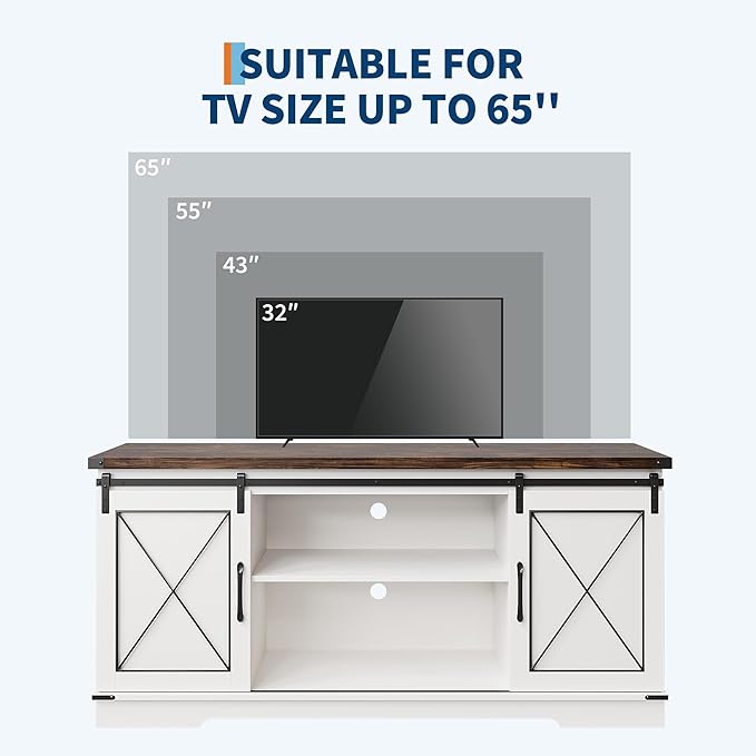 CABIHOME Farmhouse TV Stand and Entertainment Center for TV Up to 65 Inches with Sliding Barn Doors, TV Media Storage Console Table and Furniture for Living Room, Bedroom, White & Brown