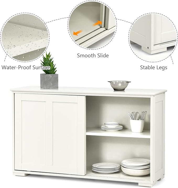 Costzon Sideboard Buffet Cabinet, Wooden Kitchen Storage Cabinet with Adjustable Shelf, Sliding Barn Door, Accent Coffee Bar Cabinet Console Table for Living Room, Dining Room, Hallway (White)