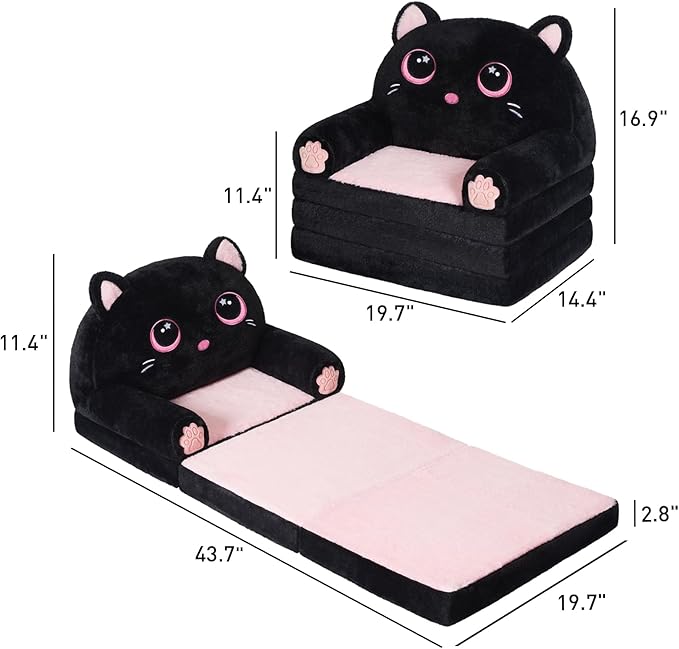 Kids Couch Fold Out, Velvet 2-in-1 Flip Open Couch for Toddlers, Comfy Toddler Chair for Reading and Napping, for Boys and Girls (Black & Pink Kitty)