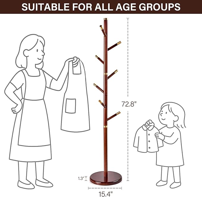 CozyDH Coat Rack Freestanding Solid Wood Coat Rack Stand, Coat Tree Freestanding with 7 Hooks Creative Tree Branch-look for Entryway, Hallway, Bedroom (Walnut)