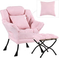 Lazy Chair with Ottoman, Comfy Reading Lounge Chair with Footstool & Throw Pillow Modern with Armrests & Side Pocket for Living Room, Bedroom, Dorm Room, Pink