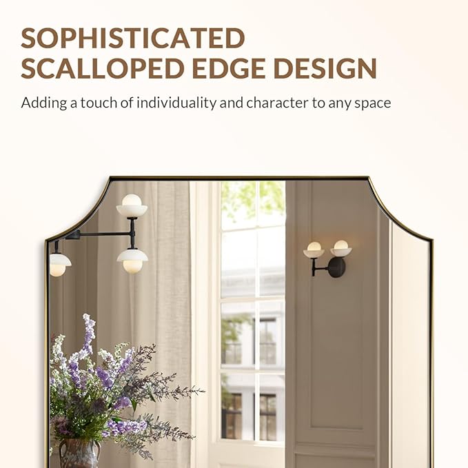 ANDY STAR Gold Scalloped Rectangle Mirror, 24x40 Inch Rectangle Bathroom Mirror, Accent Rectangular Mirror with Scalloped Edge Corner, Brass Bathroom Mirror with Anti-Rust Finish, Horizontal/Vertical