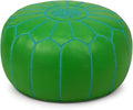 Stuffed Round Design Moroccan Leather Pouf Ottoman, Handmade, Pre-Filled, 100% Genuine Leather, 13” Height x 20” Diameter, Footstool & Living Room Décor (Green)