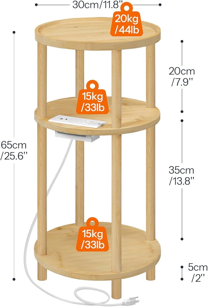 HOOBRO Small Round Side Table with Charging Station, 3-Tier Round Bamboo End Table, Compact Sofa Bedside Table for Small Space, Easy Assembly, for Living Room, Bedroom, Apartment, Natural YL152UBZ01