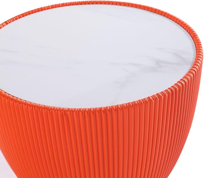 Manhattan Comfort Anderson Modern 18.43" Round End Table 2.0 - Ceramic Marble Tabletop, Elegant Pleated Leatherette Design & Gold Stainless Steel Base, Fully Assembled, Set of 2, Orange