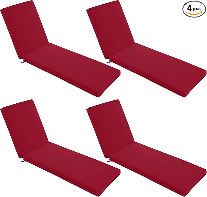 Chaise Lounge Cushions Outdoor Set of 4 - Waterproof and Fade Resistant Sun Lounger Replacement Cushions - Patio Lounger Pads with Removable Cover for Pool, Deck, Lawn, 72 x 21 x 3 Inch, Red