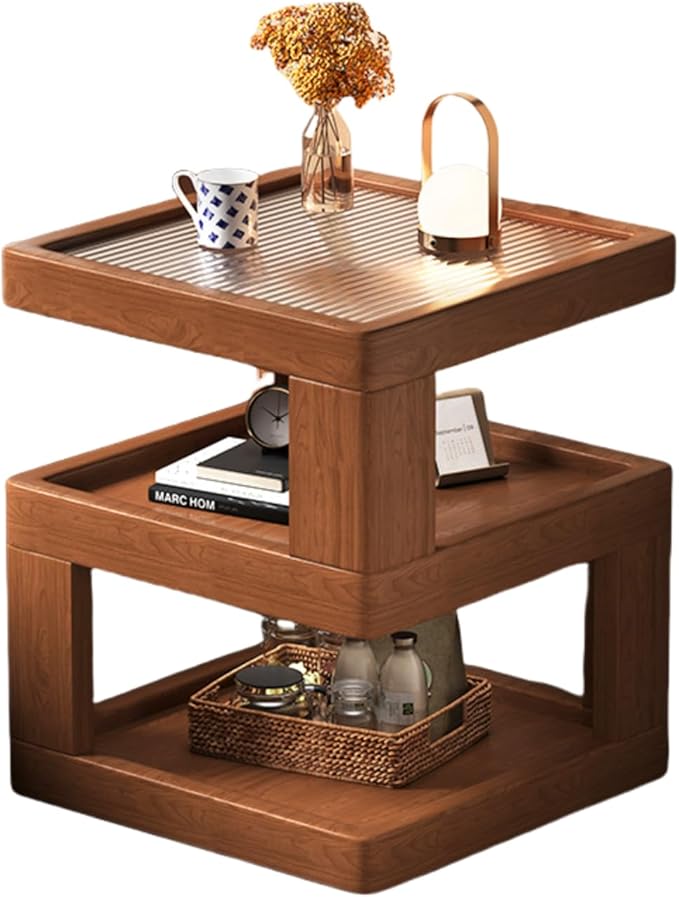 Solid Wood Nightstand,End Tables Bedroom Small Shelf Modern Nightstand Wood Side Table (GLASS-21.3 * 17.7 * 17.7)