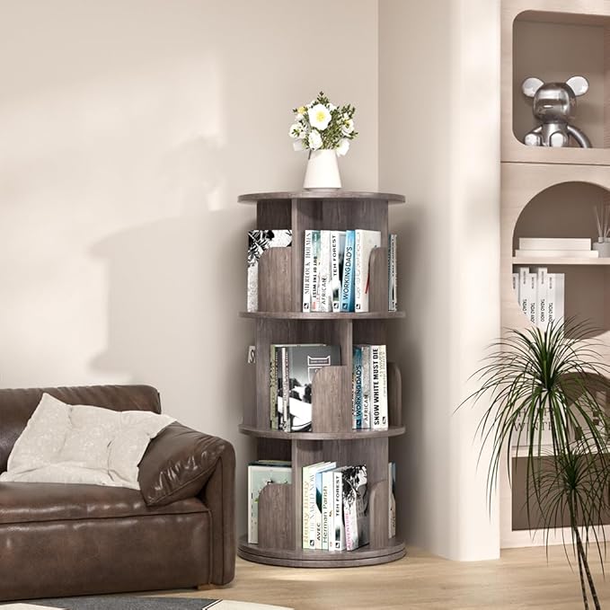 Nidouillet Rotating Bookshelf, Revolving Bookcase 360 Display Round Bookshelf Narrow Swivel Corner Book Shelf Standing Bookcase for Adult Bedroom, Living Room (Oak Grey, 3 Tier)