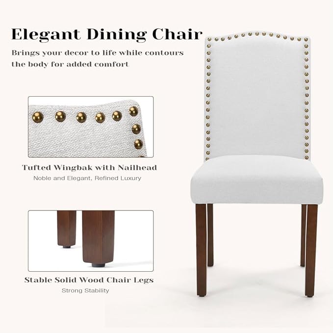 Kitchen Chairs Set of 2 Modern Upholstered Fabric Seat with Nailhead Trim and Ergonomic Lumbar Support for Living Room and Rustic Farmhouse Dining Area, Grey