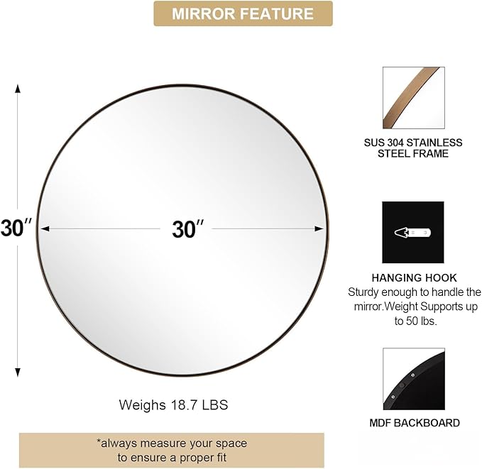 ANDY STAR Round Wall Mirror, 30 Inches Brushed Bronze Bathroom Mirror, Modern Vanity Mirror in Stainless Steel Frame