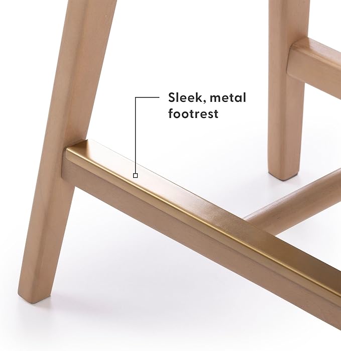 Plank+Beam Beryl Counter Height Stool - Mid-Century Modern Rubberwood Bar Stool with Faux Leather Seat, Metal Footrest, Easy Assembly, 2-Pack, Blonde/Sesame