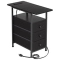 AMHANCIBLE End Tables Living Room with Charging Station, Narrow Side Table with USB Ports and Outlets, Slim Nightstand with 3 Fabric Drawers for Bedroom, Small Space, Black, HETN013BK-1