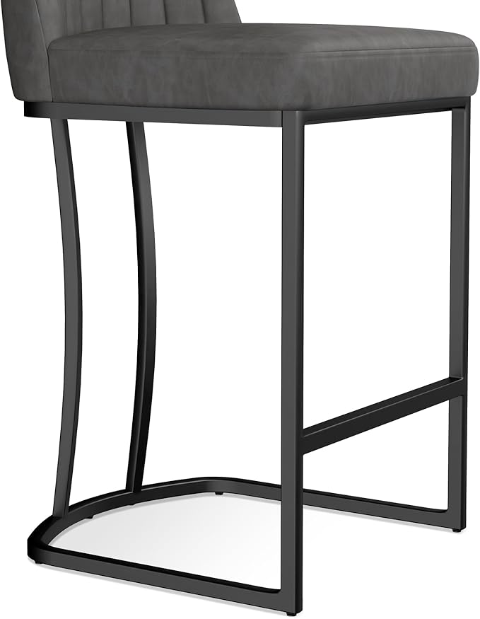 Bar Stools Set of 6, Faux Leather Counter Height Barstools, Upholstered Kitchen Counter Stools with Back and Stitching, 25.6" H Kitchen Island Stools Bar Chair, Metal Framed, Black Grey