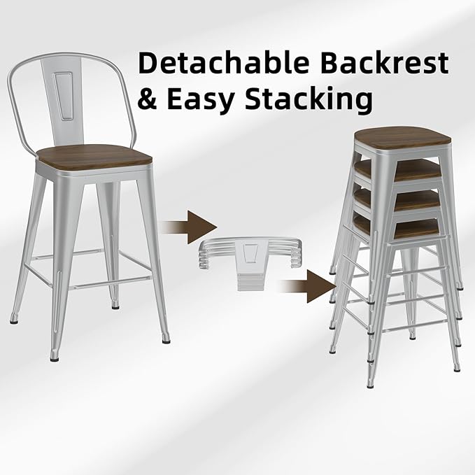 30” Swivel Bar Stools Set of 4, Counter Height Bar Stools Wooden Seat, Metal Industrial Bar Chairs with High Back for Kitchen Island (Silver)