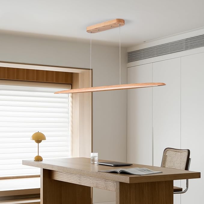 39" 24W Wood LED Linear Pendant Light Fixture Led Dining Room Light Dimmable Hanging Light Fixture for Dining Room Kitchen Island Pool Table Lights Natural Wood Color