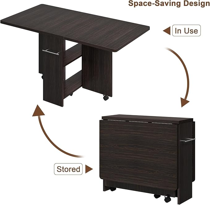 IDEALHOUSE Folding Dining Table, Drop Leaf Dining Table with 6 Wheels and 2-Layer Storage Shelf, Space Saving Dining Table for Small Spaces (Dark Walnut, 47.2" D x 23.6" W x 29.5" H)