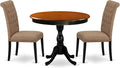 East West Furniture AMBR3-BCH-17 3 Piece Dining Table Set Contains a Round Kitchen Table with Pedestal and 2 Light Sable Linen Fabric Upholstered Kitchen Chairs, 36x36 Inch, Black & Cherry