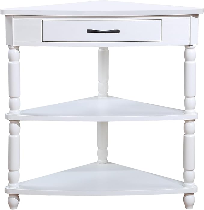 GDFStudio Trmxmbi 3 Tier Corner Console Table with 1 Storage Drawers and Shelves, 33.8'' Rustic Wood Triangle Sofa End Table for Small Spaces, Solid Wood Legs, Milk White