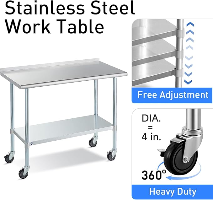 Stainless Steel Table for Prep & Work with Caster & Backsplash 24x48 Inches, NSF Metal Commercial Kitchen Heavy Duty Table with Adjustable Under Shelf and Table Foot for Restaurant, Home and Hotel
