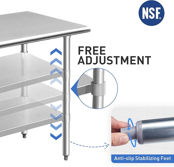 ROCKPOINT Stainless Steel Table for Prep & Work 30x48 Inches, NSF Metal Commercial Kitchen Heavy Duty Table with Adjustable Under Shelf and Table Foot for Restaurant, Home and Hotel