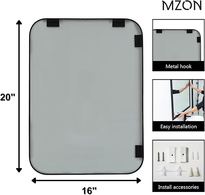 MZON 16x20 Inch Matte Black Bathroom Mirror, Rectangle Wall Mirror for Bathroom or Entryway, Anti-Rust Frame & Tempered Glass, Hangs Horizontally/Vertically - Space-Saving Minimalist Decor