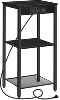 HOOBRO Tall End Table with Charging Station, 30 Inch Tall Nightstand, 3-Tier Side Table with Storage Shelves, for Living Room, Bedroom, Hallway, Black BB09UDH01G1