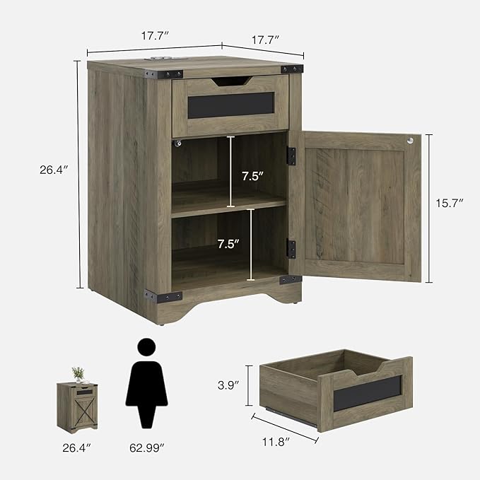 Farmhouse End Table with Charging Station, 26.4" Tall Rustic Nightstand with Drawer and X Barn Door, Country Bedside Sofa Side Table for Living Room, Grey