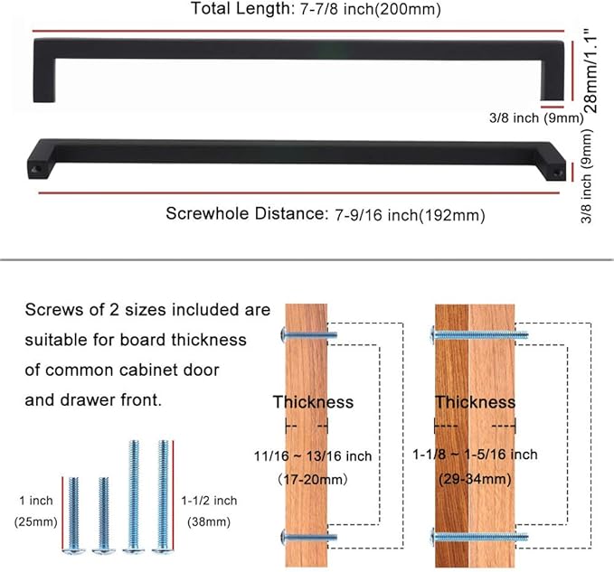 KOOFIZO Solid Square Bar Cabinet Handle - Brushed Nickel Furniture Pull, 7.6 Inch/192mm Screwhole Distance, Pack of 5 for Kitchen Cupboard Door, Bedroom Dresser Drawer, Bathroom Wardrobe Hardware