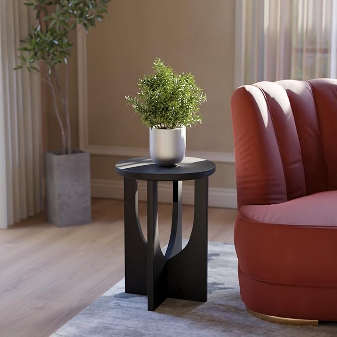 Stupa Solid Wood End Table – 22" Tall Round Side Table for Living Room or Bedroom, Handcrafted Accent Table in Distressed Black Finish, Easy Assembly, Modern Minimalist Design for Small Spaces