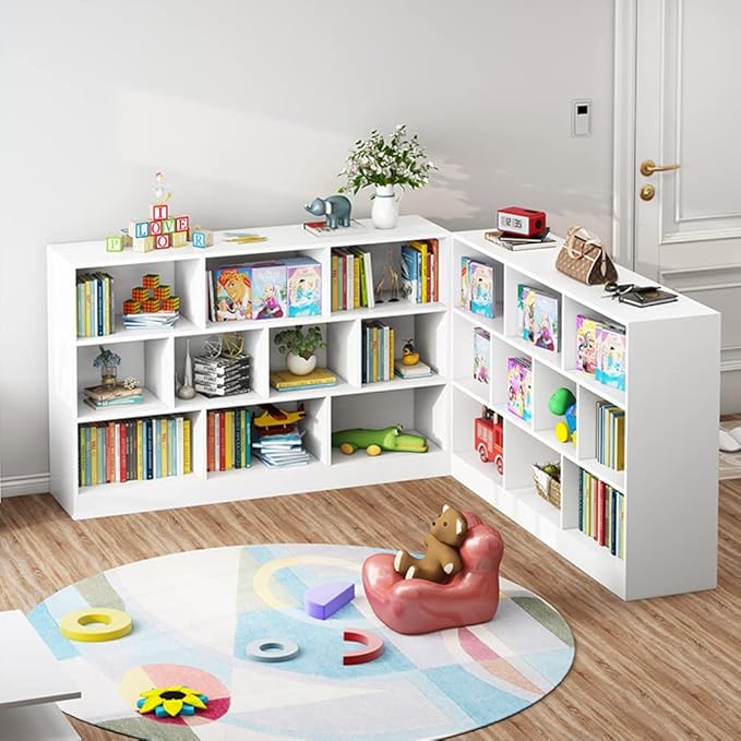 IOTXY Open Shelf Low Bookcase - Wooden 3-Tier Floor Standing Display Cabinet Organizer with Base, 5 Cubes Short Horizontal Bookshelf in Warm White