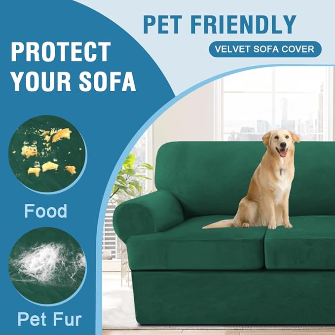 H.VERSAILTEX Sofa Cover 3 Piece T Cushion Loveseat Slipcovers Thick Velvet Couch Cover Stretch T Cushion Sofa Covers for 2 Cushion Couch with 2 Individual T Cushion Covers, Vintage Green