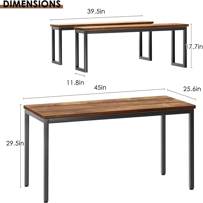 soges Kitchen Table Set with 2 Benches, Bench Dining Table Set for 4, 3 Piece Dining Room Table and Long Benches, Breakfast Table Coffee Table Set, Industrial Style Wooden Kitchen and Dining Room Set
