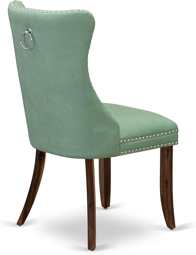 LEDA9-AWA-22 9-Piece Modern Dining Table Set Includes a Kitchen Table and 8 Willow Green Polyester Fabric Dinner Chairs with Button Tufted Back - Antique Walnut Finish