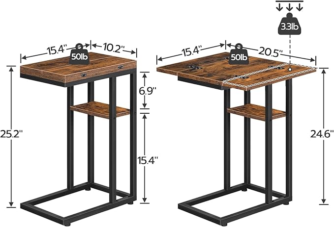 HOOBRO Foldable End Table, C Shaped Side Table with Storage Shelf, Small Snack Table Suitable for Living Room Bedroom Small Spaces, Easy Assembly, Rustic Brown BF29SF01