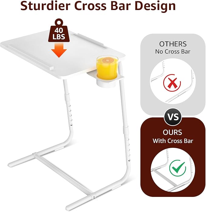 Adjustable TV Tray Folding Dinner - White Trays for Eating On Couch Wooden Tables Mate Stand Foldable Desk with Cup Holder Portable
