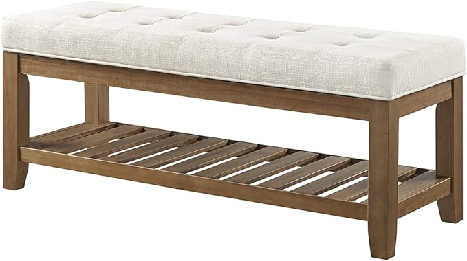 24KF Large Rectangular Upholstered Tufted Linen Ottoman Bench, Padded Bench with Solid Wood Shelf-Ivory