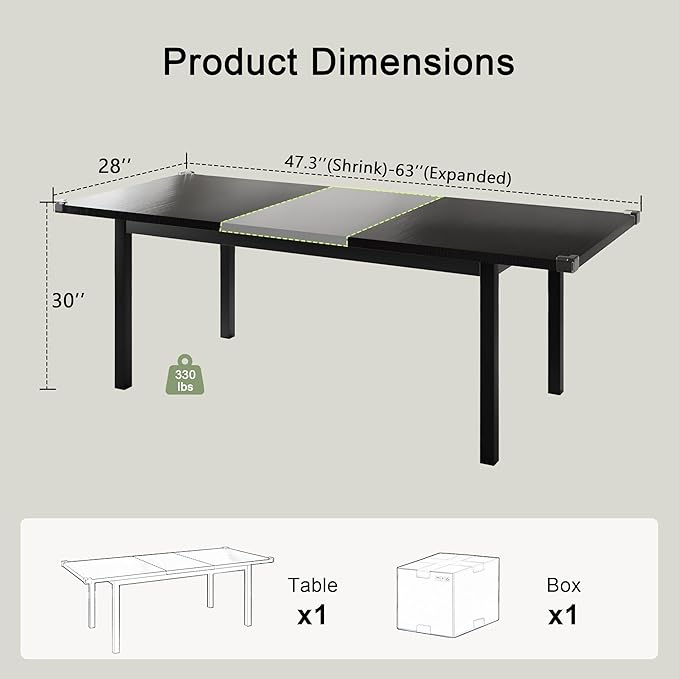 Feonase 63 Inch Extendable Kitchen Table, Modern Farmhouse Dining Table for 4-8, Wooden Dining Room Table for Small Space, Dining Room, Home Office, Living Room Furniture,Black