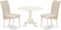 East West Furniture DLBA3-WHI-01 3 Piece Modern Dining Table Set Contains a Round Wooden Table with Dropleaf and 2 Cream Linen Fabric Upholstered Parson Chairs, 42x42 Inch, Linen White